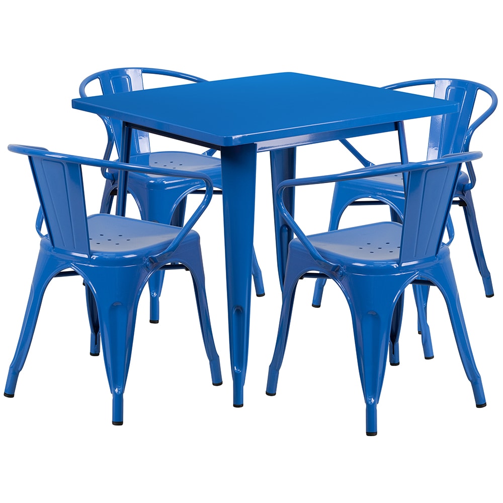 Flash Furniture ET-CT002-4-70-BL-GG 31 1/2" Square Table & (4) Arm Chair Set - Steel, Blue