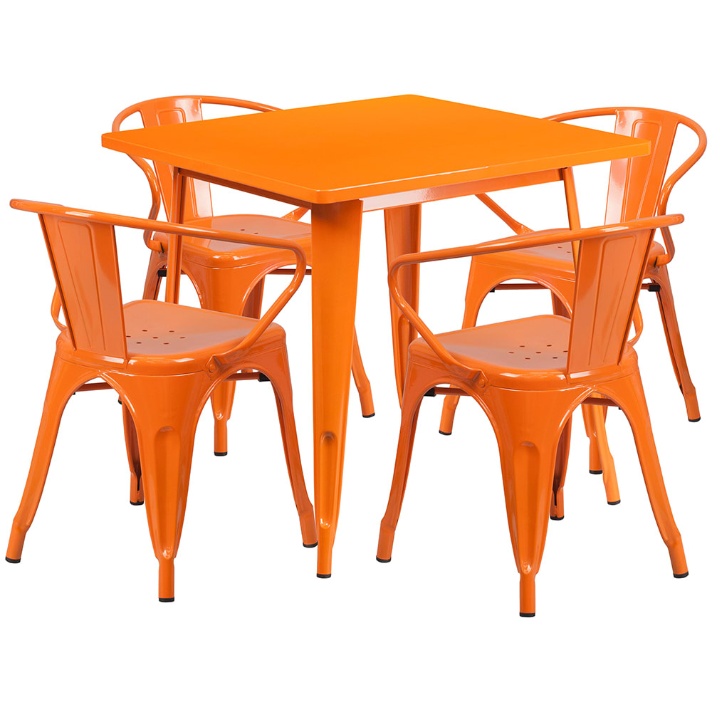 Flash Furniture ET-CT002-4-70-OR-GG 31 1/2" Square Table & (4) Arm Chair Set - Steel, Orange