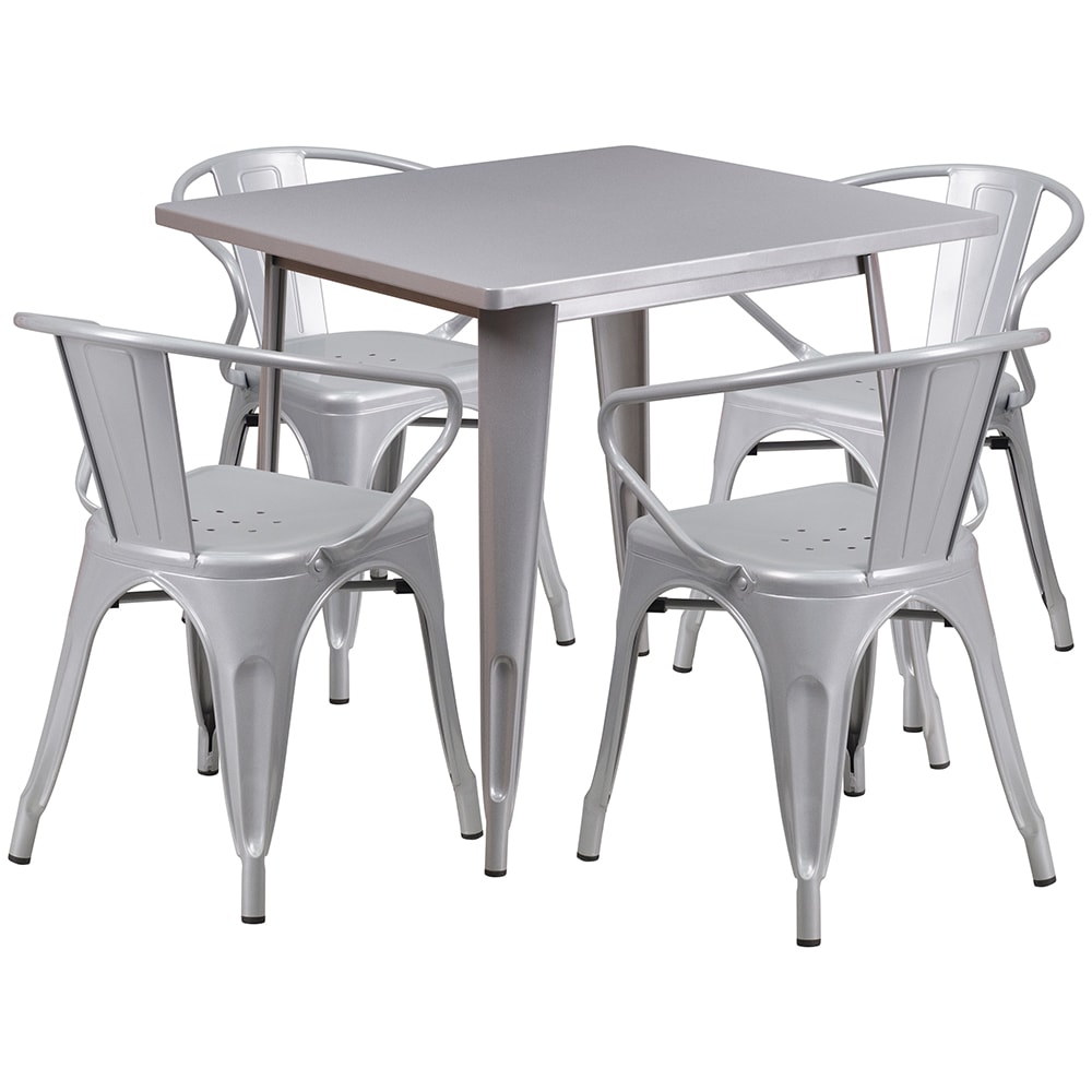 Flash Furniture ET-CT002-4-70-SIL-GG 31 1/2" Square Table & (4) Arm Chair Set - Steel, Silver