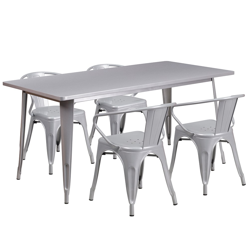 Flash Furniture ET-CT005-4-70-SIL-GG Rectangular Table & (4) Chair Set - 63"W x 31 1/2"D x 29 1/2"H, Steel, Silver