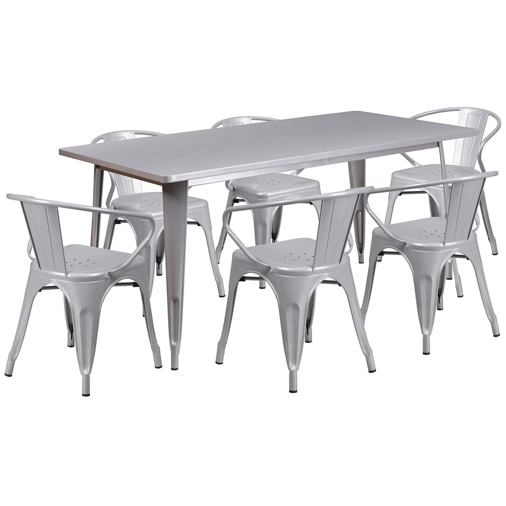 Flash Furniture ET-CT005-6-70-SIL-GG Rectangular Table & (6) Chair Set - 63"W x 31 1/2"D x 29 1/2"H, Steel, Silver