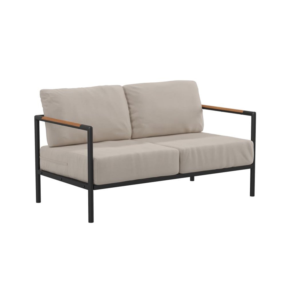 Flash Furniture GM-201027-2S-GY-GG Outdoor Patio Loveseat - Beige Cushions w/ Black Steel Frame