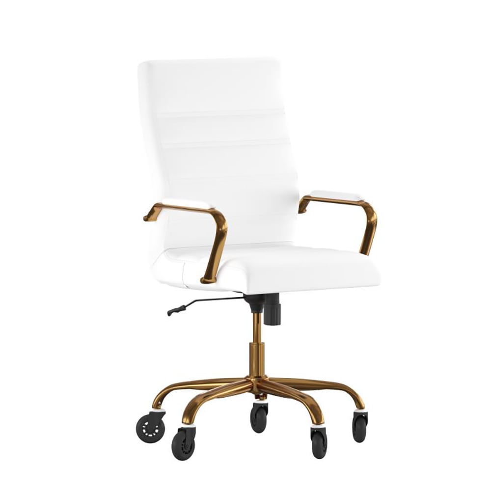 Flash Furniture GO-2286H-WH-GLD-RLB-GG Swivel Office Chair w/ High Back - White LeatherSoft Upholstery, Gold