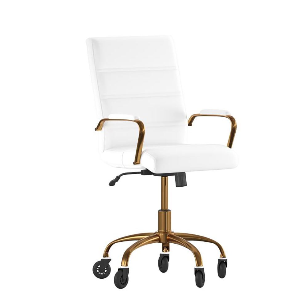 Flash Furniture GO-2286M-WH-GLD-RLB-GG Swivel Office Chair w/ Mid Back - White LeatherSoft Upholstery, Gold
