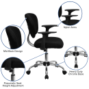 Flash Furniture H-2376-F-BK-ARMS-GG Swivel Office Arm Chair w/ Mid Back - Black Mesh Back & Seat thumbnail 6