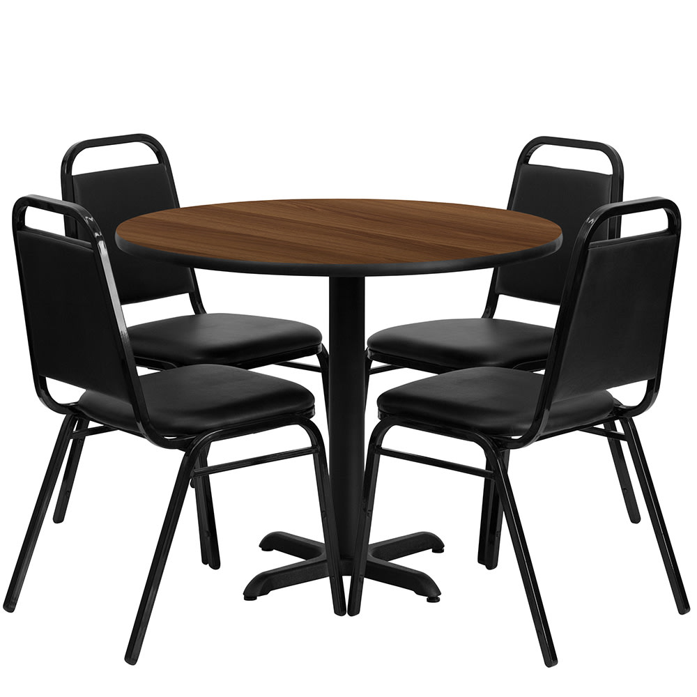 Flash Furniture HDBF1004-GG 36" Round Table & (4) Banquet Chair Set - Walnut Laminate Top, Cast Iron Base