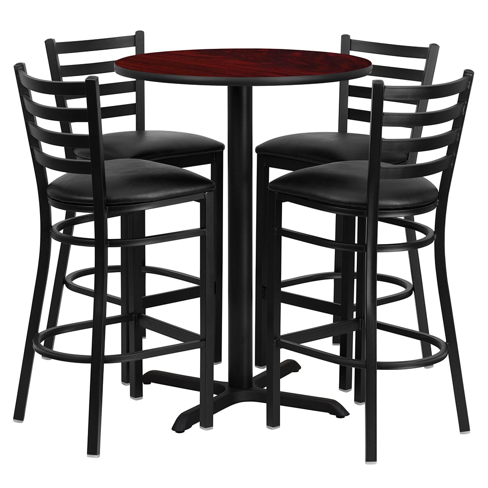 Flash Furniture HDBF1022-GG 30" Round Bar Height Table w/ (4) Bar Stool Set - Mahogany Laminate Top, Steel Base