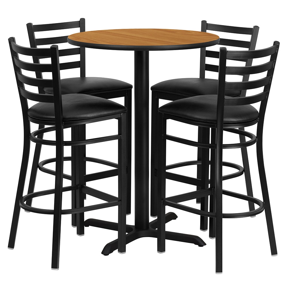 Flash Furniture HDBF1023-GG 30" Round Bar Height Table w/ (4) Bar Stool Set - Natural Laminate Top, Steel Base