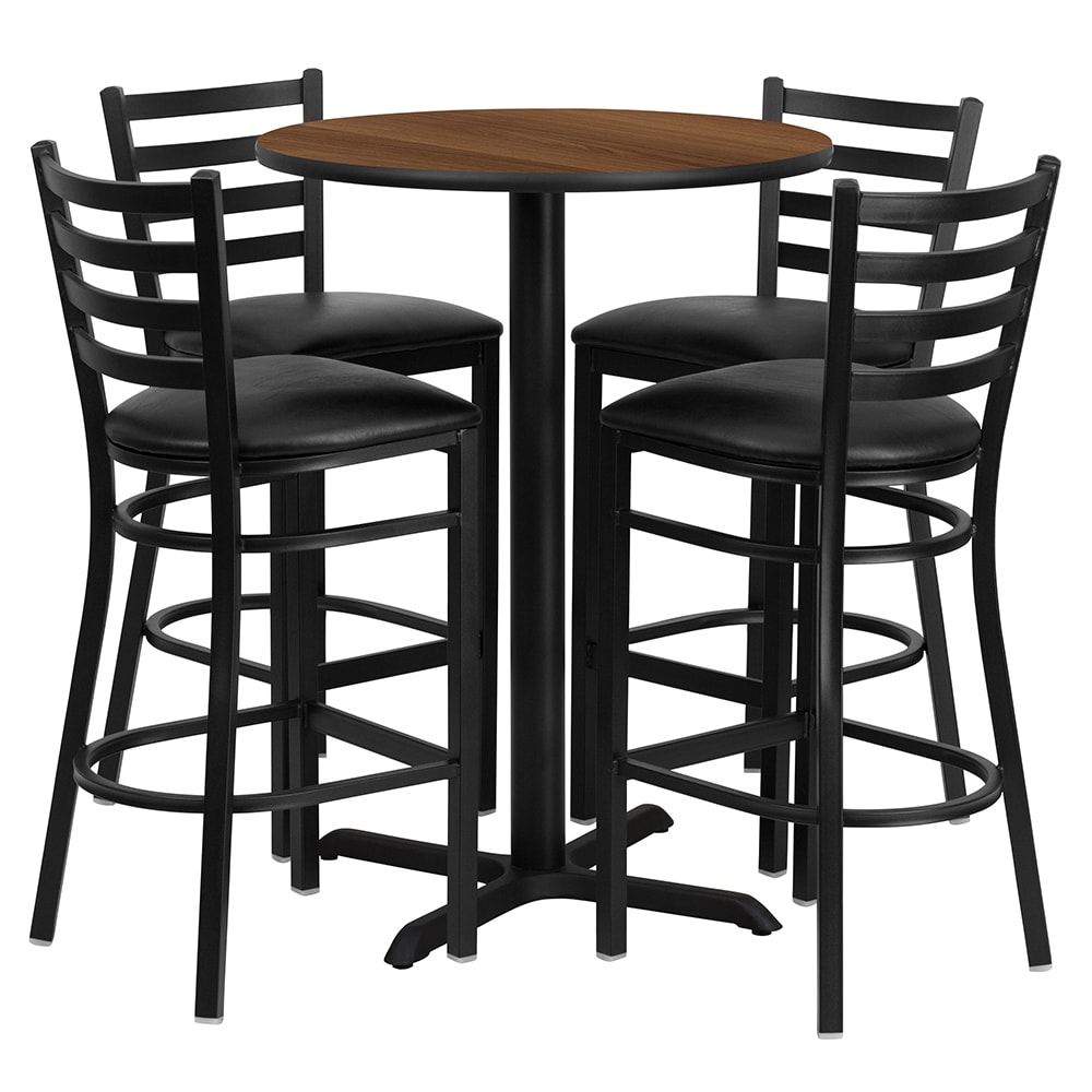 Flash Furniture HDBF1024-GG 30" Round Bar Height Table w/ (4) Bar Stool Set - Walnut Laminate Top, Steel Base