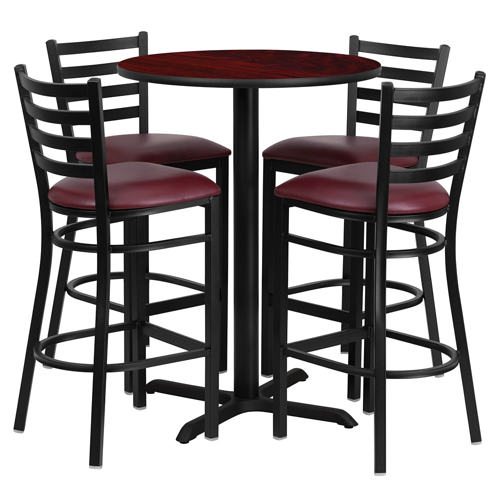 Flash Furniture HDBF1026-GG 30" Round Bar Height Table w/ (4) Bar Stool Set - Mahogany Laminate Top, Steel Base