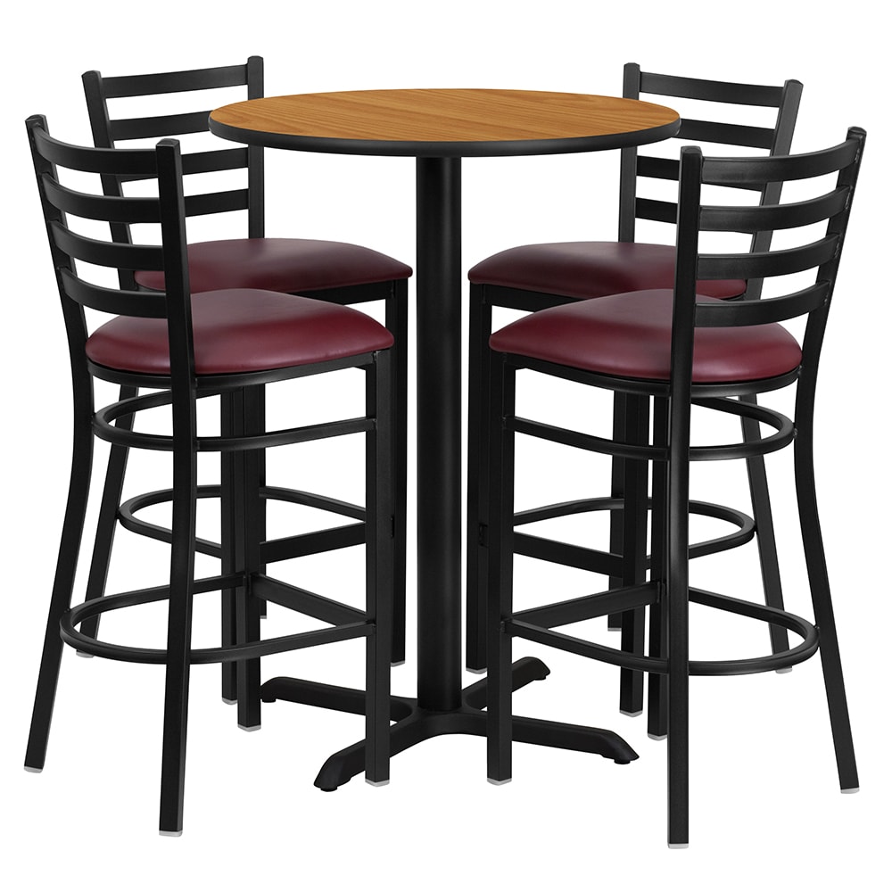 Flash Furniture HDBF1027-GG 30" Round Bar Height Table w/ (4) Bar Stool Set - Natural Laminate Top, Steel Base