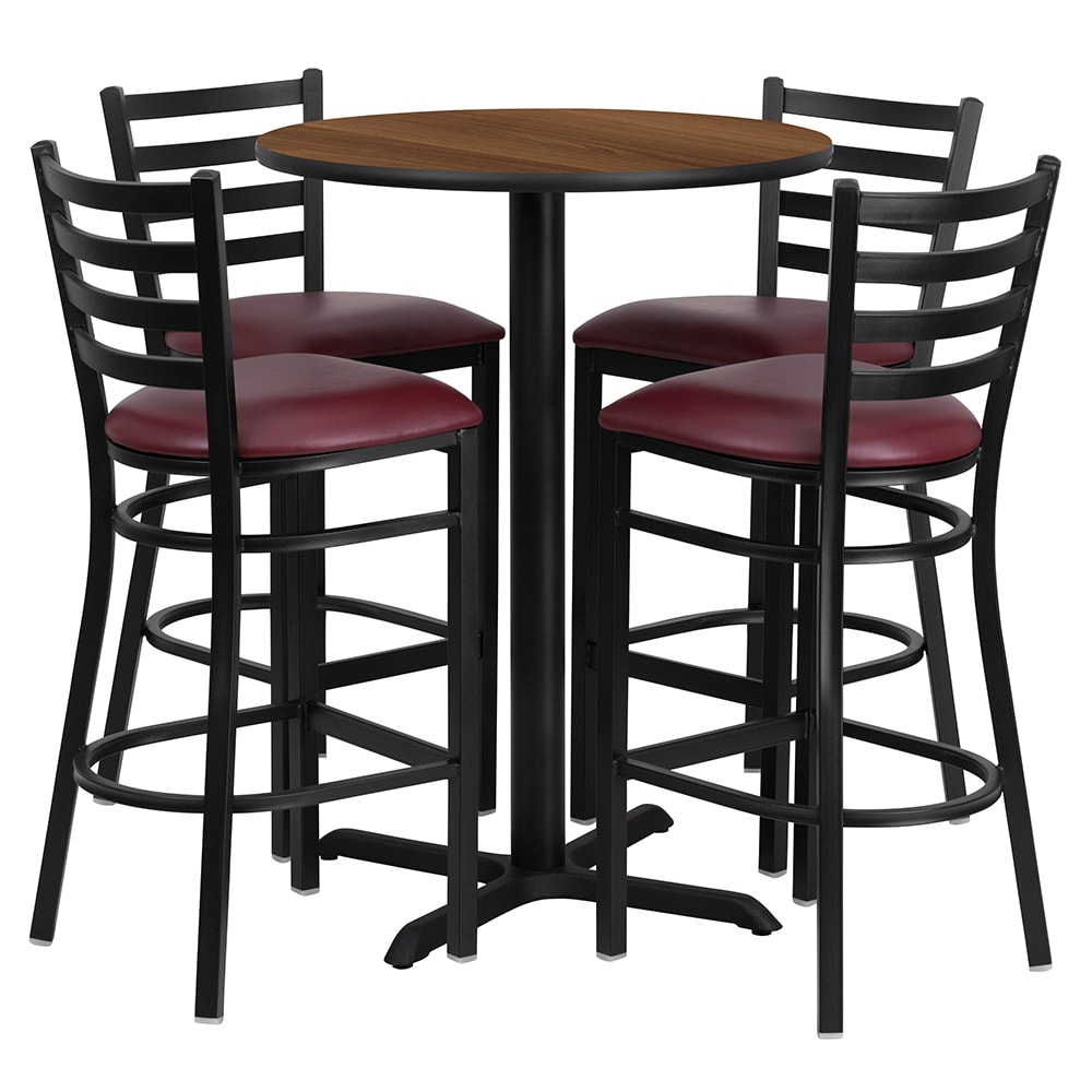 Flash Furniture HDBF1028-GG 30" Round Bar Height Table w/ (4) Bar Stool Set - Walnut Laminate Top, Steel Base