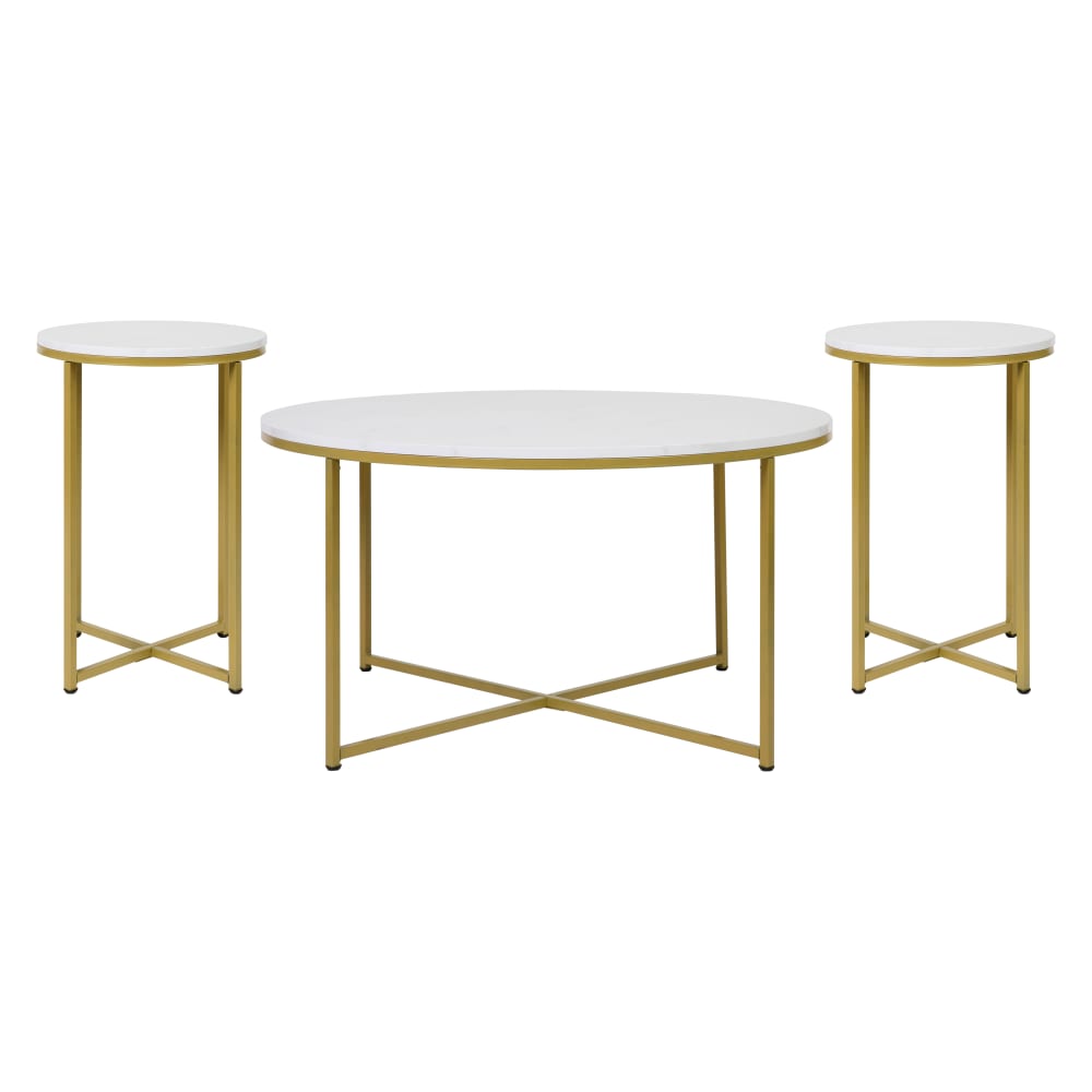 Flash Furniture NAN-CEK-1787-MRBL-GG 3 Piece Hampstead Coffee & End Table Set - White Marble Wood Top w/ Brushed Gold Metal Frame