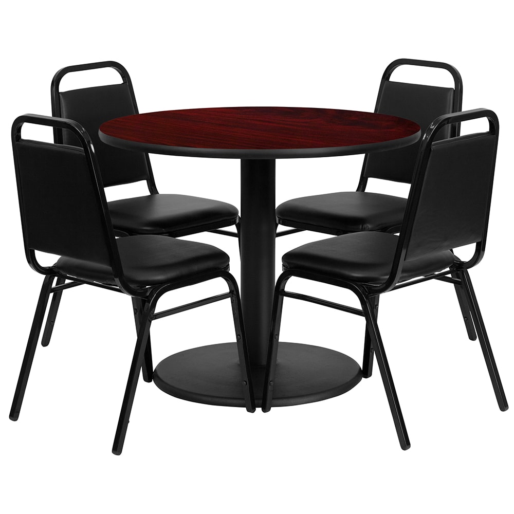 Flash Furniture RSRB1002-GG 36" Round Table & (4) Banquet Chair Set - Mahogany Laminate Top, Cast Iron Base