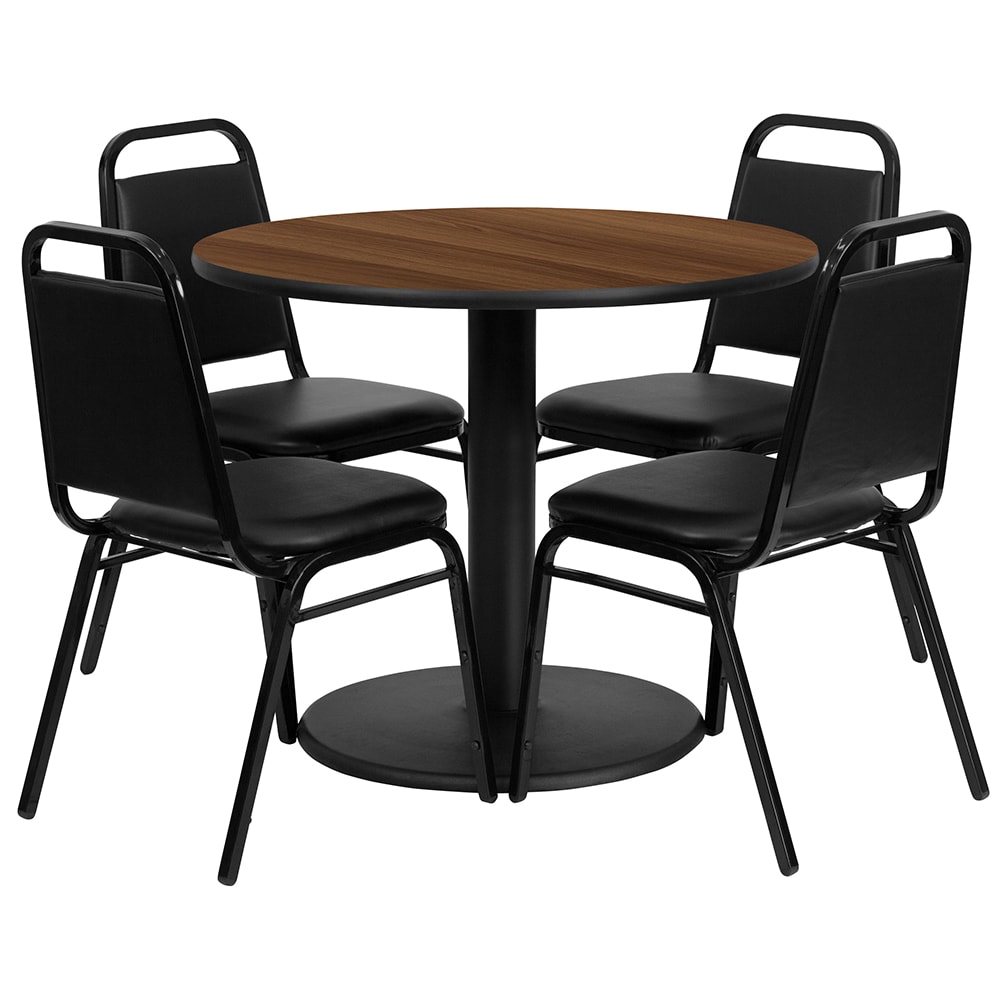 Flash Furniture RSRB1004-GG 36" Round Table & (4) Banquet Chair Set - Walnut Laminate Top, Cast Iron Base