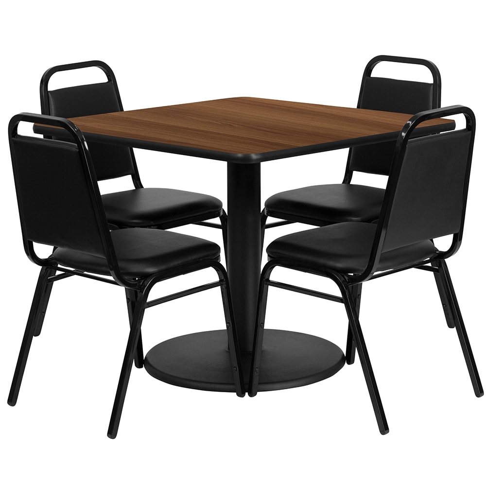 Flash Furniture RSRB1012-GG 36" Square Table & (4) Banquet Chair Set - Walnut Laminate Top, Cast Iron Base