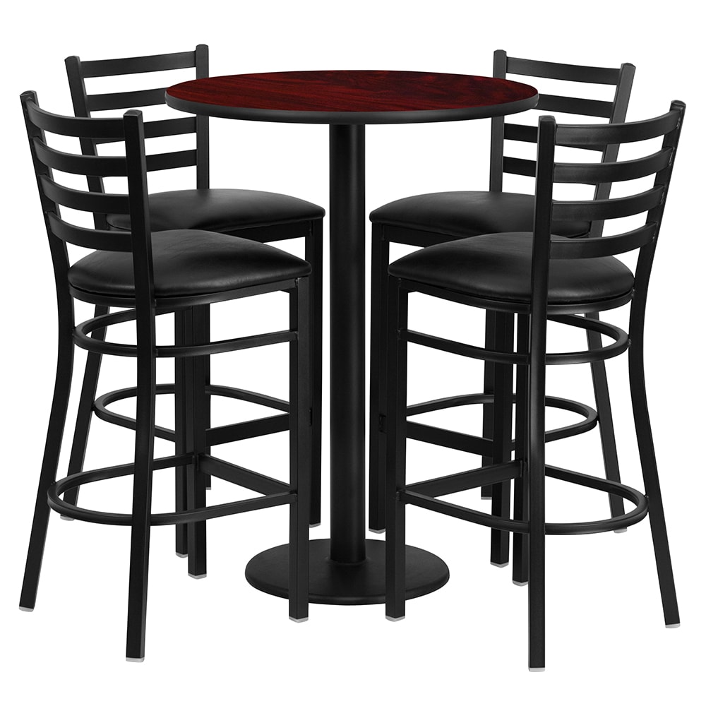 Flash Furniture RSRB1022-GG 30" Round Bar Height Table w/ (4) Bar Stool Set - Mahogany Laminate Top, Steel Base