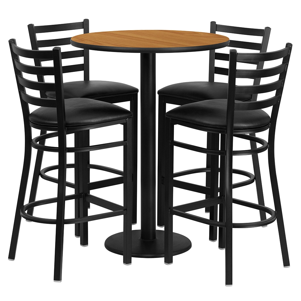 Flash Furniture RSRB1023-GG 30" Round Bar Height Table w/ (4) Bar Stool Set - Natural Laminate Top, Steel Base