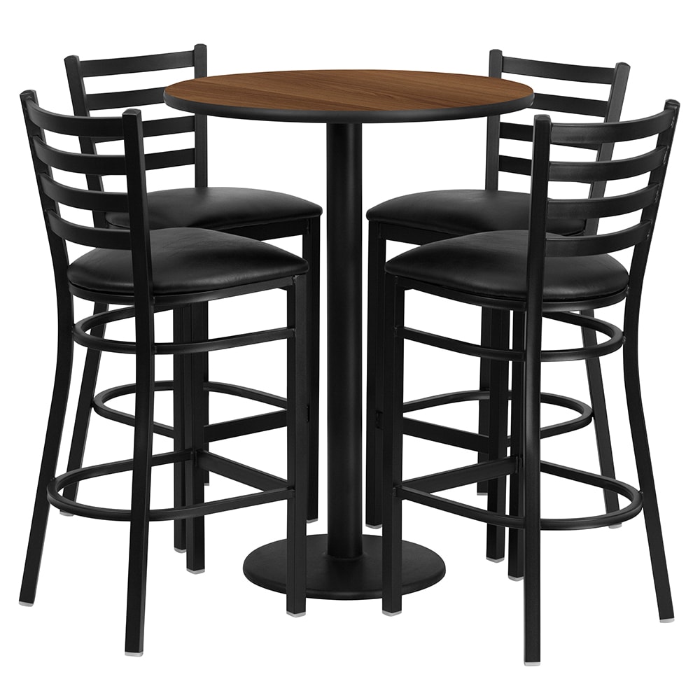 Flash Furniture RSRB1024-GG 30" Round Bar Height Table w/ (4) Bar Stool Set - Walnut Laminate Top, Steel Base