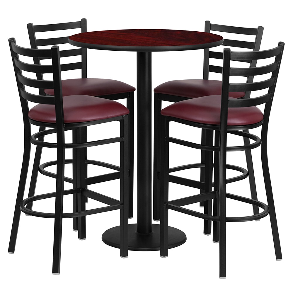 Flash Furniture RSRB1026-GG 30" Round Bar Height Table w/ (4) Bar Stool Set - Mahogany Laminate Top, Steel Base