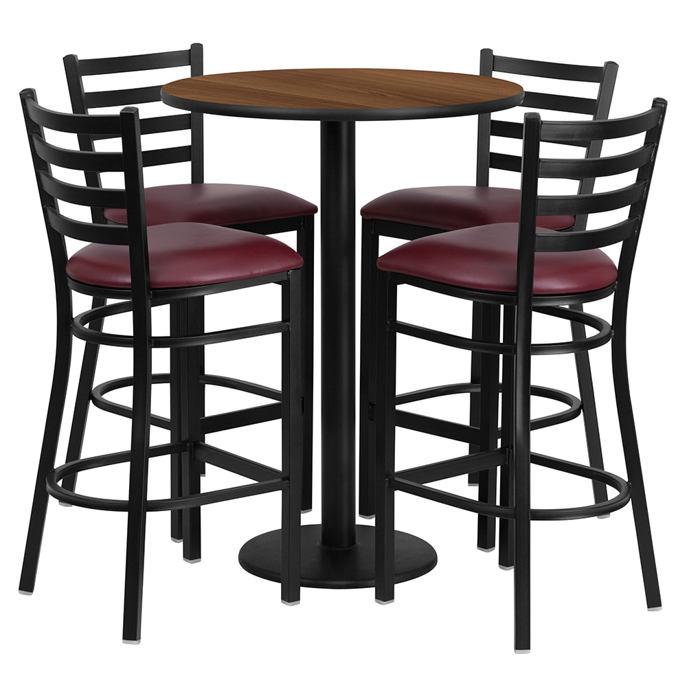 Flash Furniture RSRB1028-GG 30" Round Bar Height Table w/ (4) Bar Stool Set - Walnut Laminate Top, Steel Base