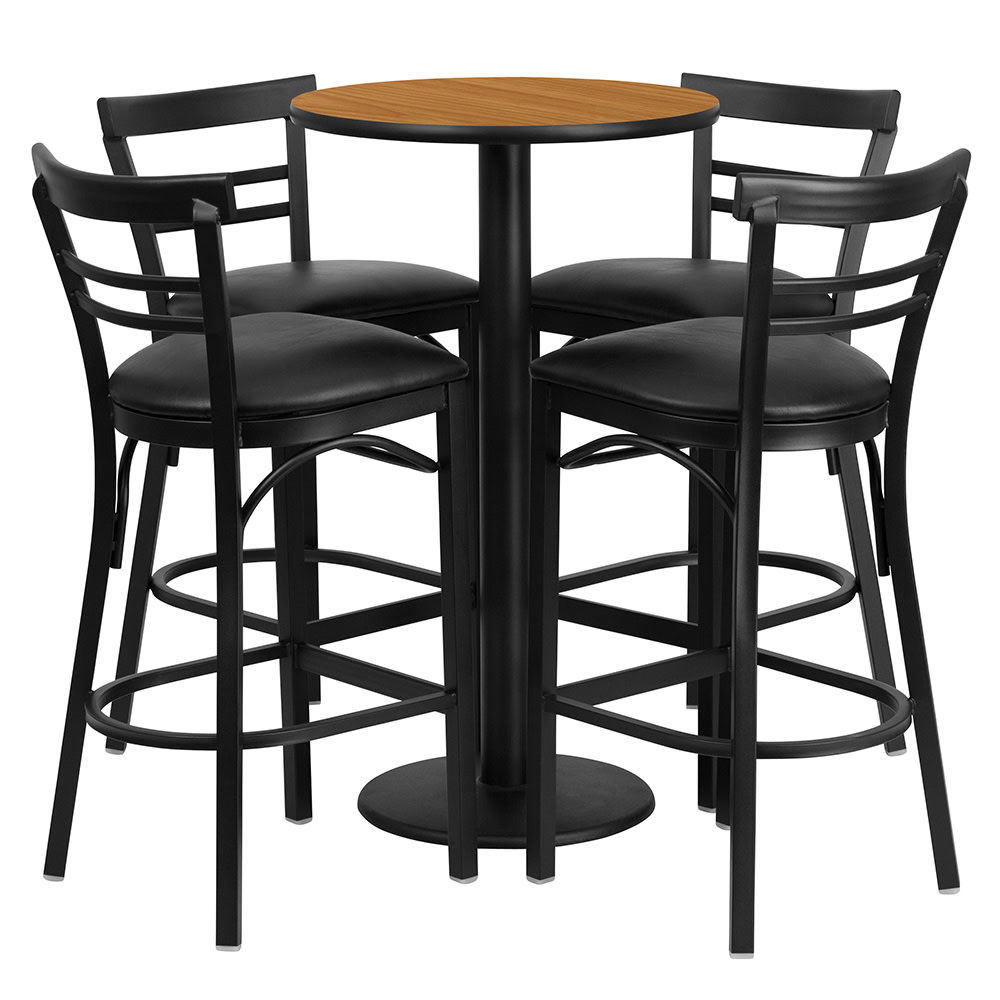 Flash Furniture RSRB1035-GG 24" Round Bar Height Table w/ (4) Bar Stool Set - Natural Laminate Top, Steel Base