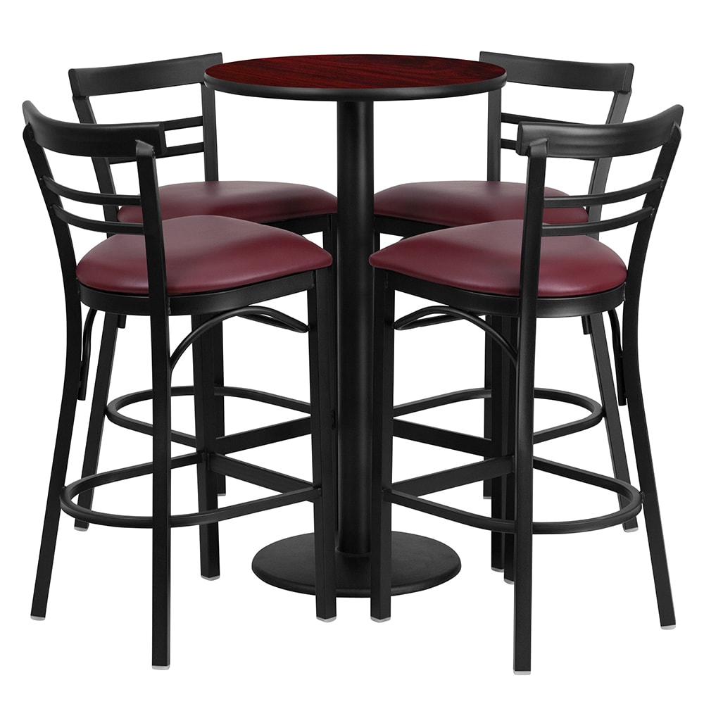Flash Furniture RSRB1038-GG 24" Round Bar Height Table w/ (4) Bar Stool Set - Mahogany Laminate Top, Steel Base