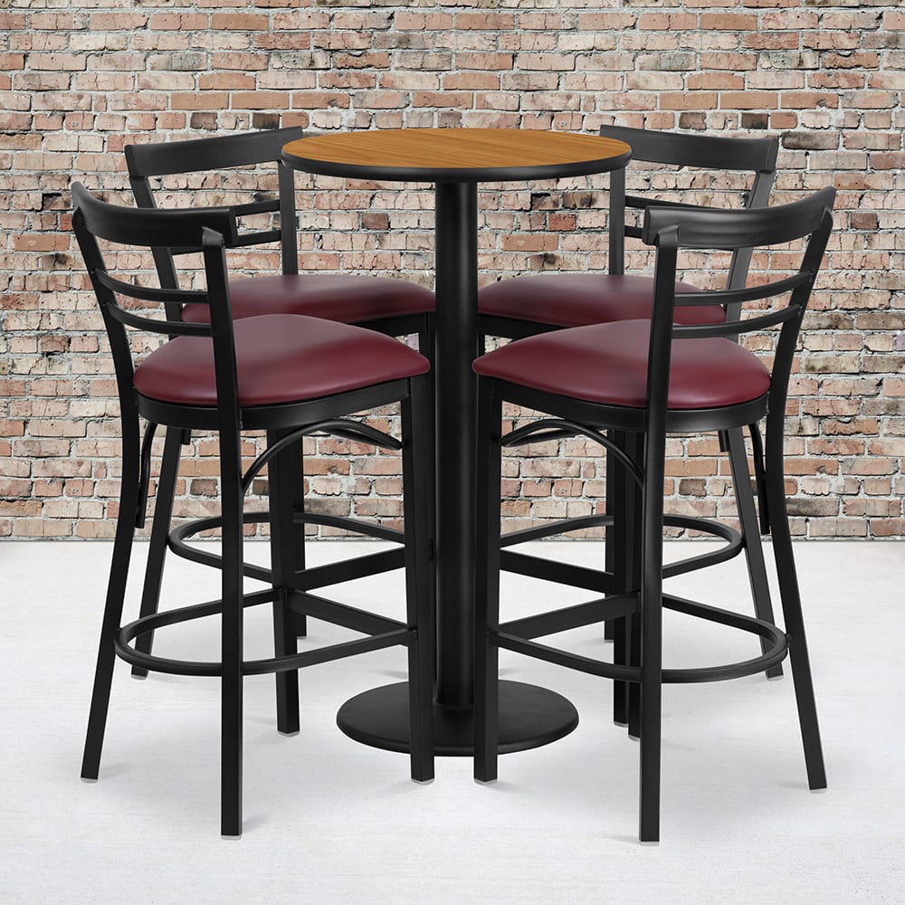 Flash Furniture RSRB1039-GG 24" Round Bar Height Table w/ (4) Bar Stool Set - Natural Laminate Top, Steel Base