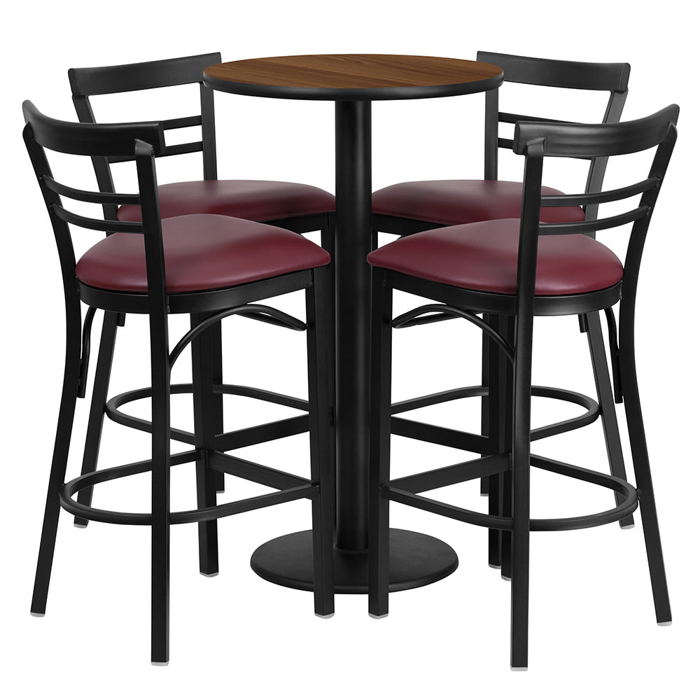 Flash Furniture RSRB1040-GG 24" Round Bar Height Table w/ (4) Bar Stool Set - Walnut Laminate Top, Steel Base