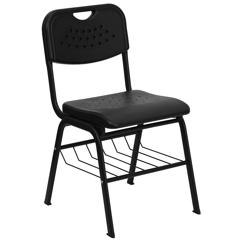 Flash Furniture RUT-GK01-BK-BAS-GG Stacking Chair w/ Black Plastic Seat & Wire Book Basket - Black Metal Frame