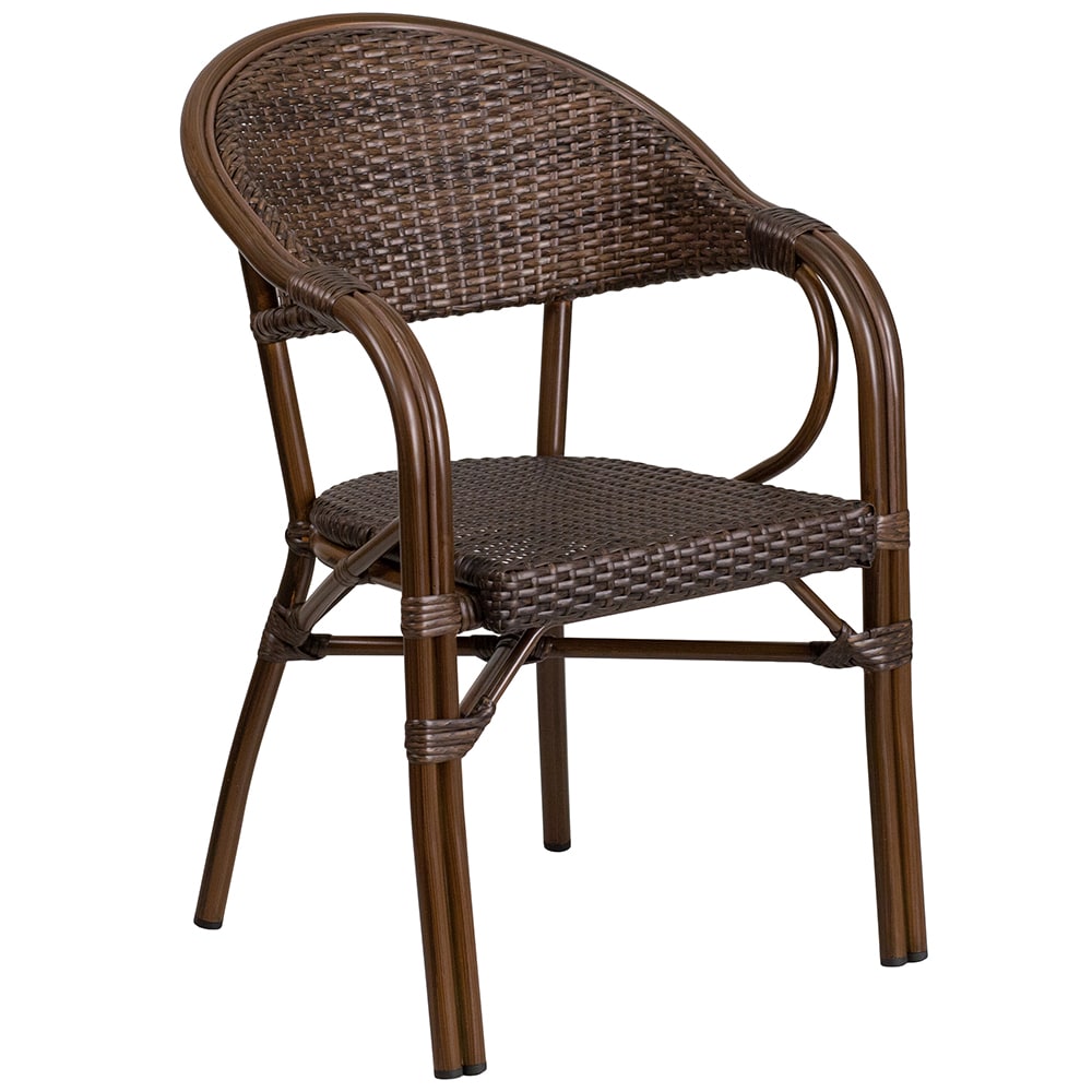 Flash Furniture SDA-AD642003R-1-GG Milano Indoor/Outdoor Stackable Armchair  - Dark Brown Wicker w/ Dark Brown Bamboo Aluminum Frame