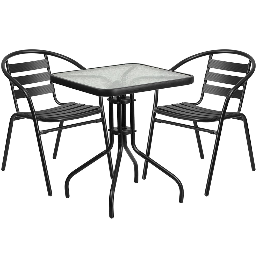 Flash Furniture TLH-0731SQ-017CBK2-GG 23 1/2" Square Patio Table & (2) Arm Chair Set - Glass Top, Black Metal Base