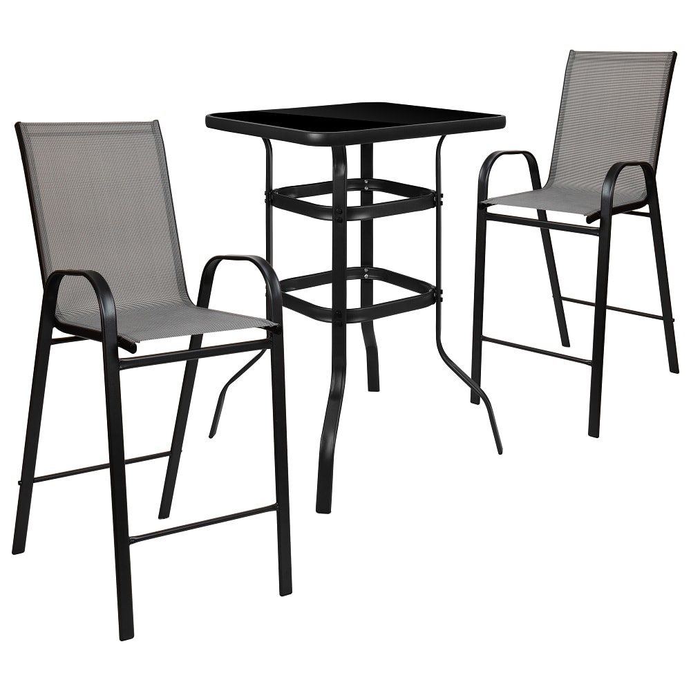 Flash Furniture TLH-073H092H-GR-GG 27 1/2" Square Patio Bar Table & (2) Gray Stool Set - Glass Top, Black Steel Base