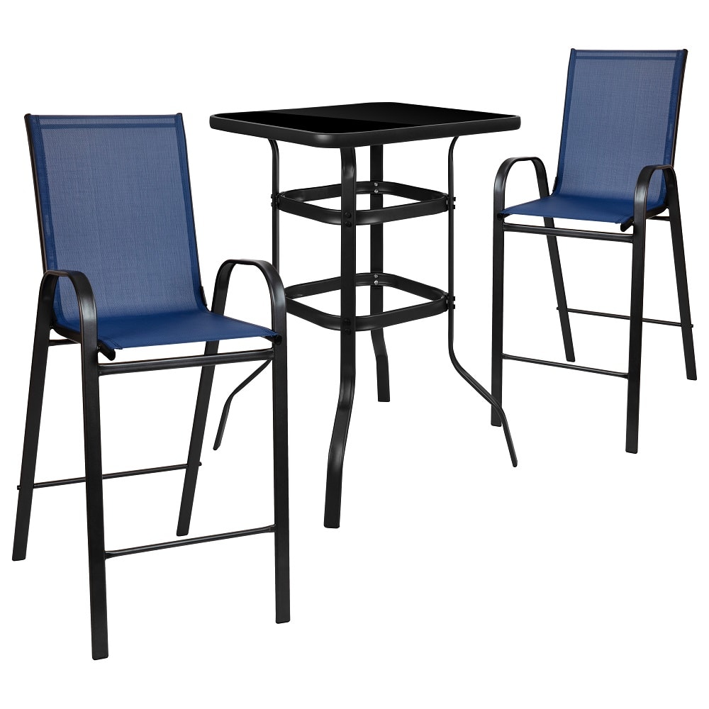 Flash Furniture TLH-073H092H-NV-GG 27 1/2" Square Patio Bar Table & (2) Navy Stool Set - Glass Top, Black Steel Base