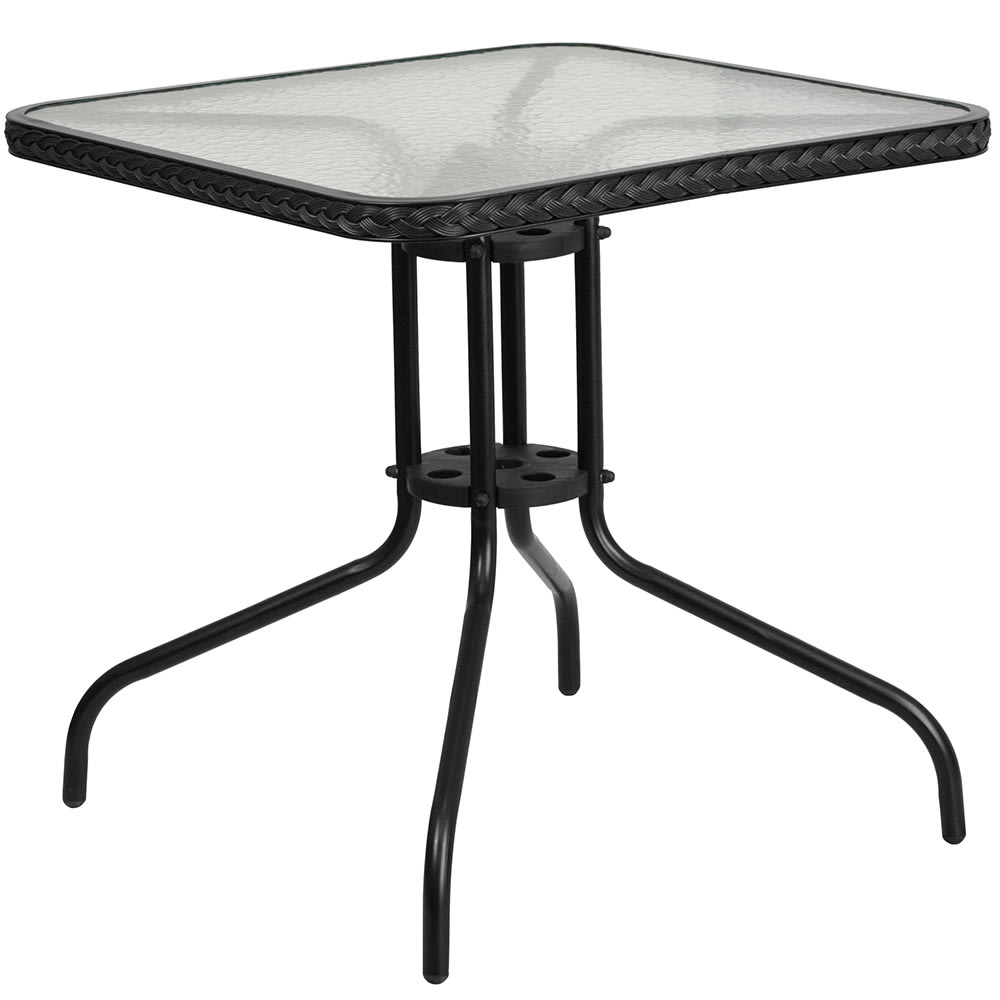 Flash Furniture TLH-073R-BK-GG 28" Square Patio Table w/ Glass Top & Black Rattan Edge - Metal Base, Black