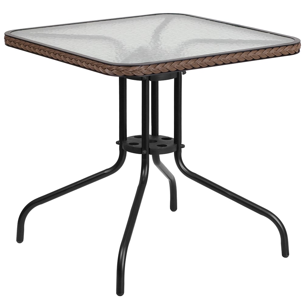 Flash Furniture TLH-073R-DK-BN-GG 28" Square Patio Table w/ Glass Top & Dark Brown Rattan Edge - Metal Base, Black