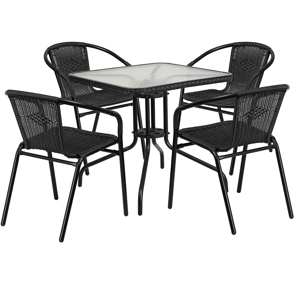 Flash Furniture TLH-073SQ-037BK4-GG 28" Square Patio Table & (4) Black Rattan Arm Chair Set - Glass Top, Black Metal Base