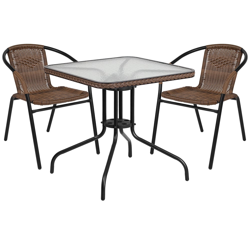 Flash Furniture TLH-073SQ-037BN2-GG 28" Square Patio Table & (2) Brown Rattan Arm Chair Set - Glass Top, Black Metal Base