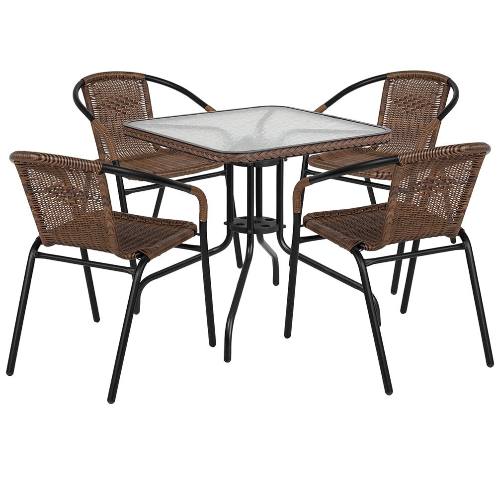 Flash Furniture TLH-073SQ-037BN4-GG 28" Square Patio Table & (4) Brown Rattan Arm Chair Set - Glass Top, Black Metal Base