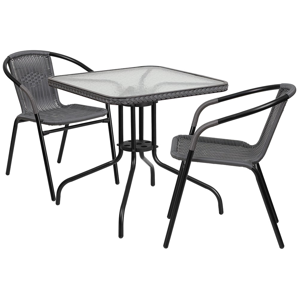 Flash Furniture TLH-073SQ-037GY2-GG 28" Square Patio Table & (2) Gray Rattan Arm Chair Set - Glass Top, Black Metal Base