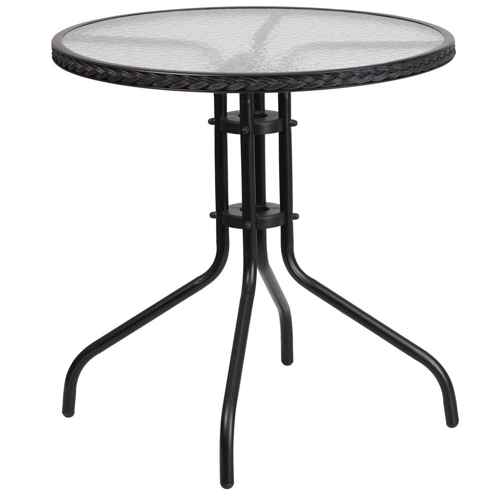 Flash Furniture TLH-087-BK-GG 28" Round Patio Table w/ Glass Top & Black Rattan Edge - Metal Base, Black