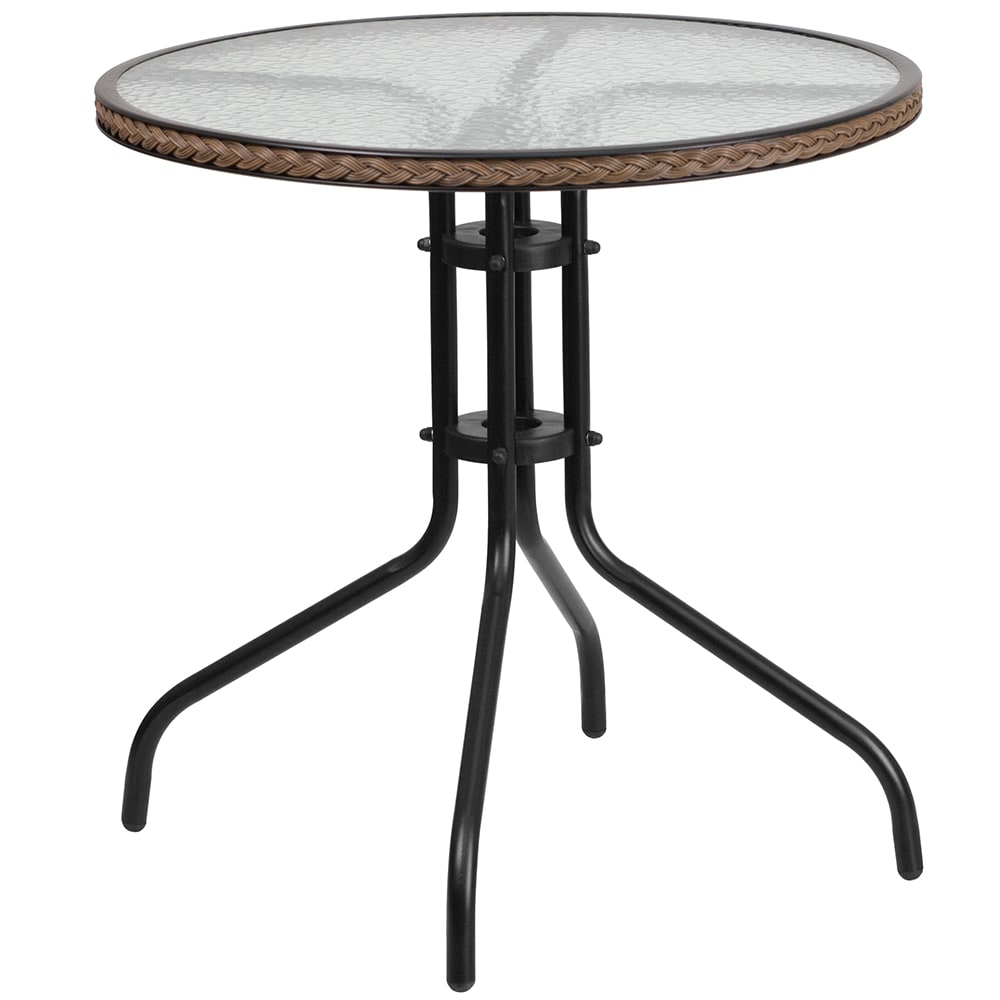 Flash Furniture TLH-087-DK-BN-GG 28" Round Patio Table w/ Glass Top & Dark Brown Rattan Edge - Metal Base, Black
