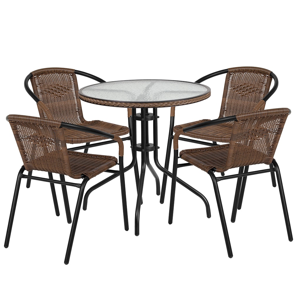 Flash Furniture TLH-087RD-037BN4-GG 28" Round Patio Table & (4) Brown Rattan Arm Chair Set - Glass Top, Black Metal Base