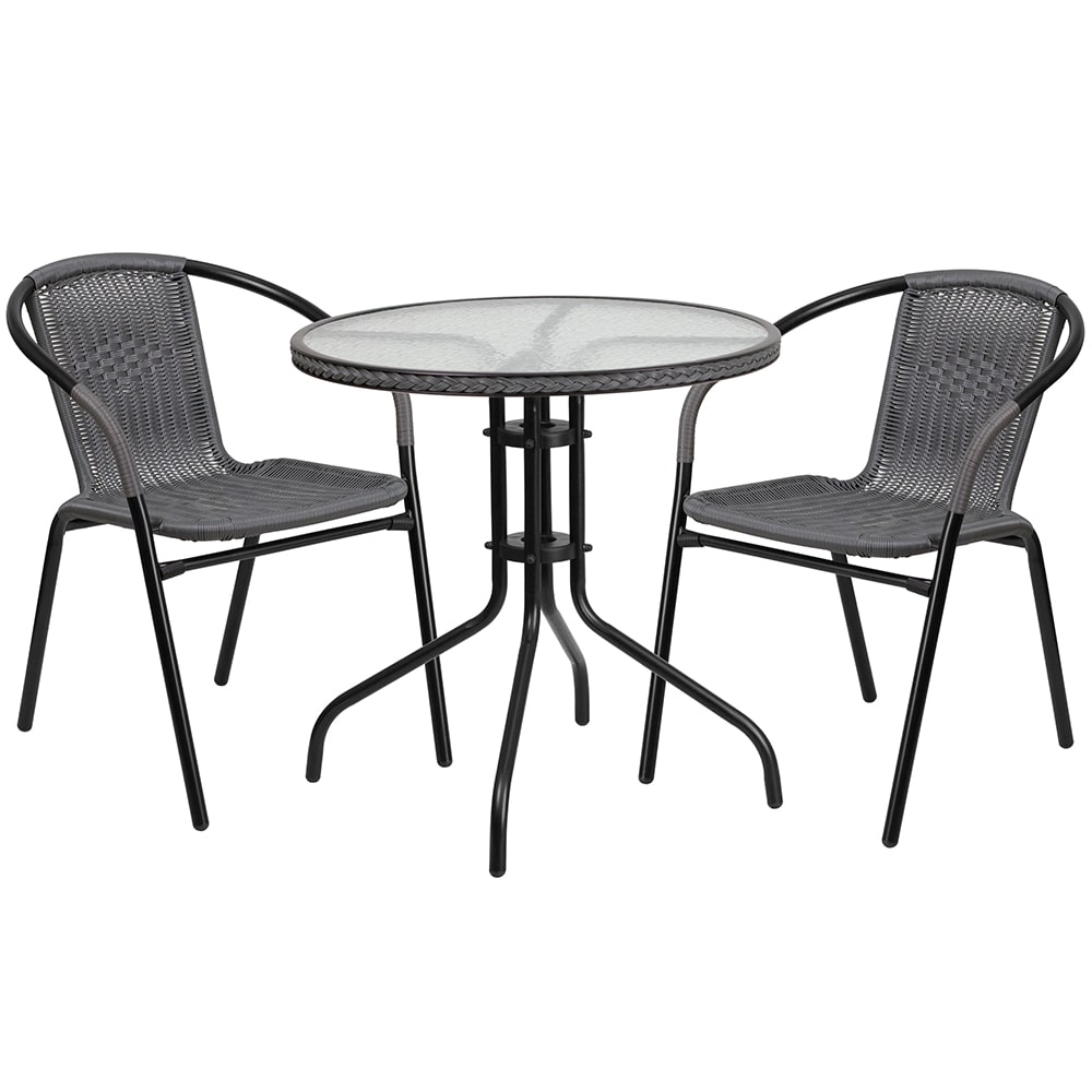 Flash Furniture TLH-087RD-037GY2-GG 28" Round Patio Table & (2) Gray Rattan Arm Chair Set - Glass Top, Black Metal Base