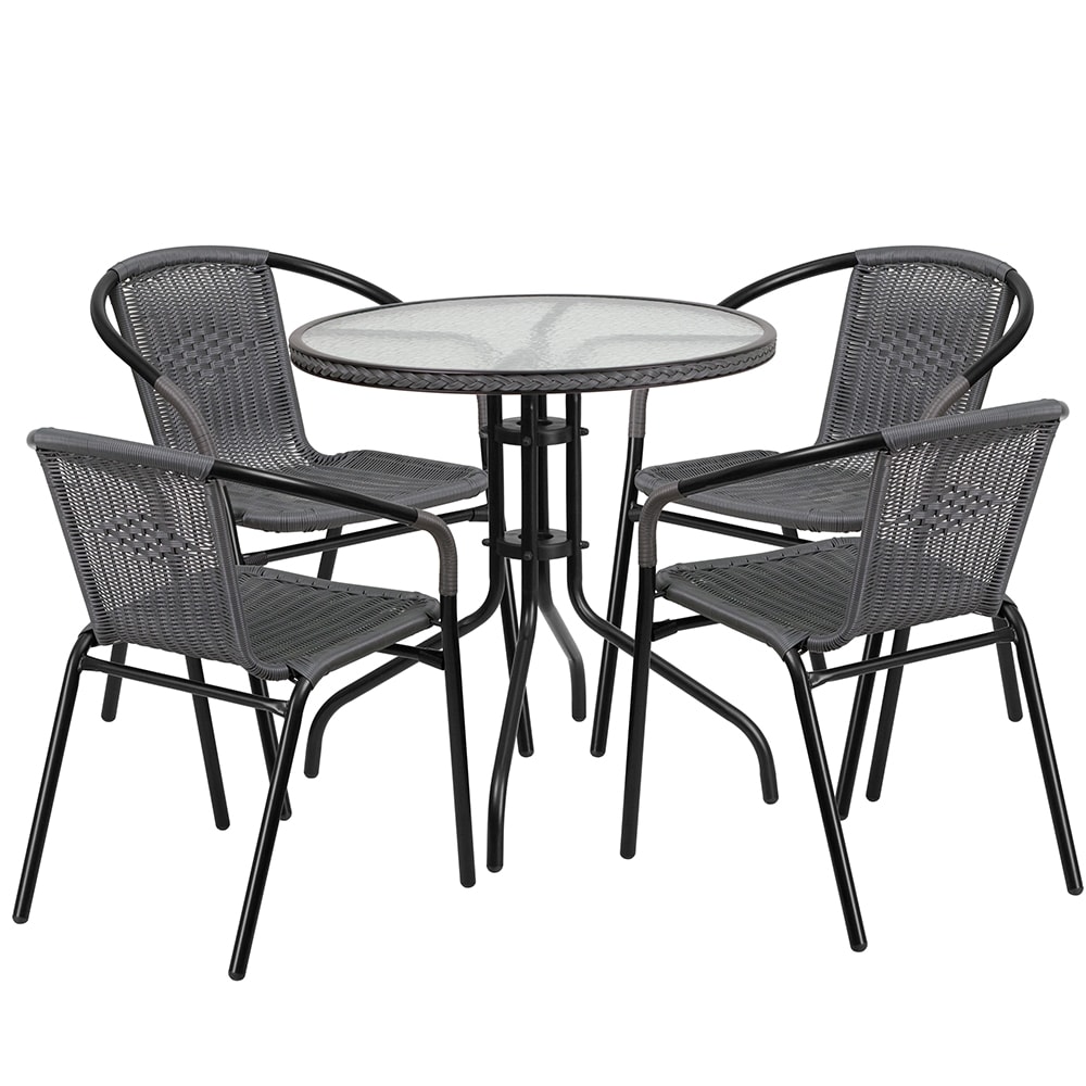 Flash Furniture TLH-087RD-037GY4-GG 28" Round Patio Table & (4) Gray Rattan Arm Chair Set - Glass Top, Black Metal Base