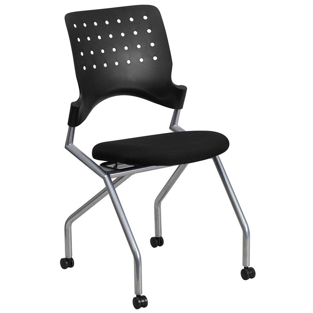 Flash Furniture WL-A224V-GG Mobile Nesting Arm Chair w/ Black Plastic Back & Black Fabric Seat - Silver Frame