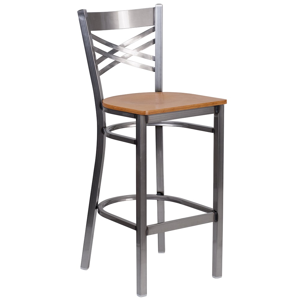 Flash Furniture XU-6F8B-CLR-BAR-NATW-GG Bar Stool w/ Cross Back & Natural Wood Seat, Clear Coat Steel