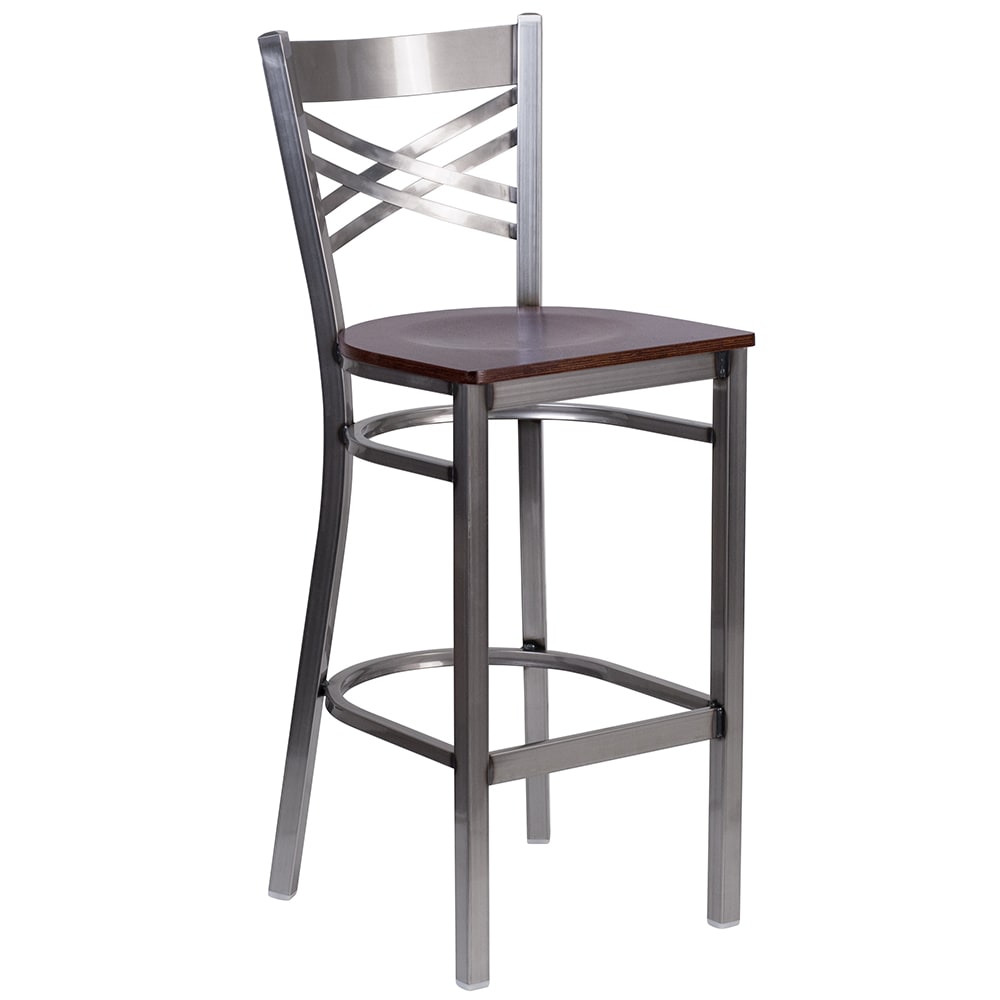 Flash Furniture XU-6F8B-CLR-BAR-WALW-GG Bar Stool w/ Cross Back & Walnut Wood Seat, Clear Coat Steel