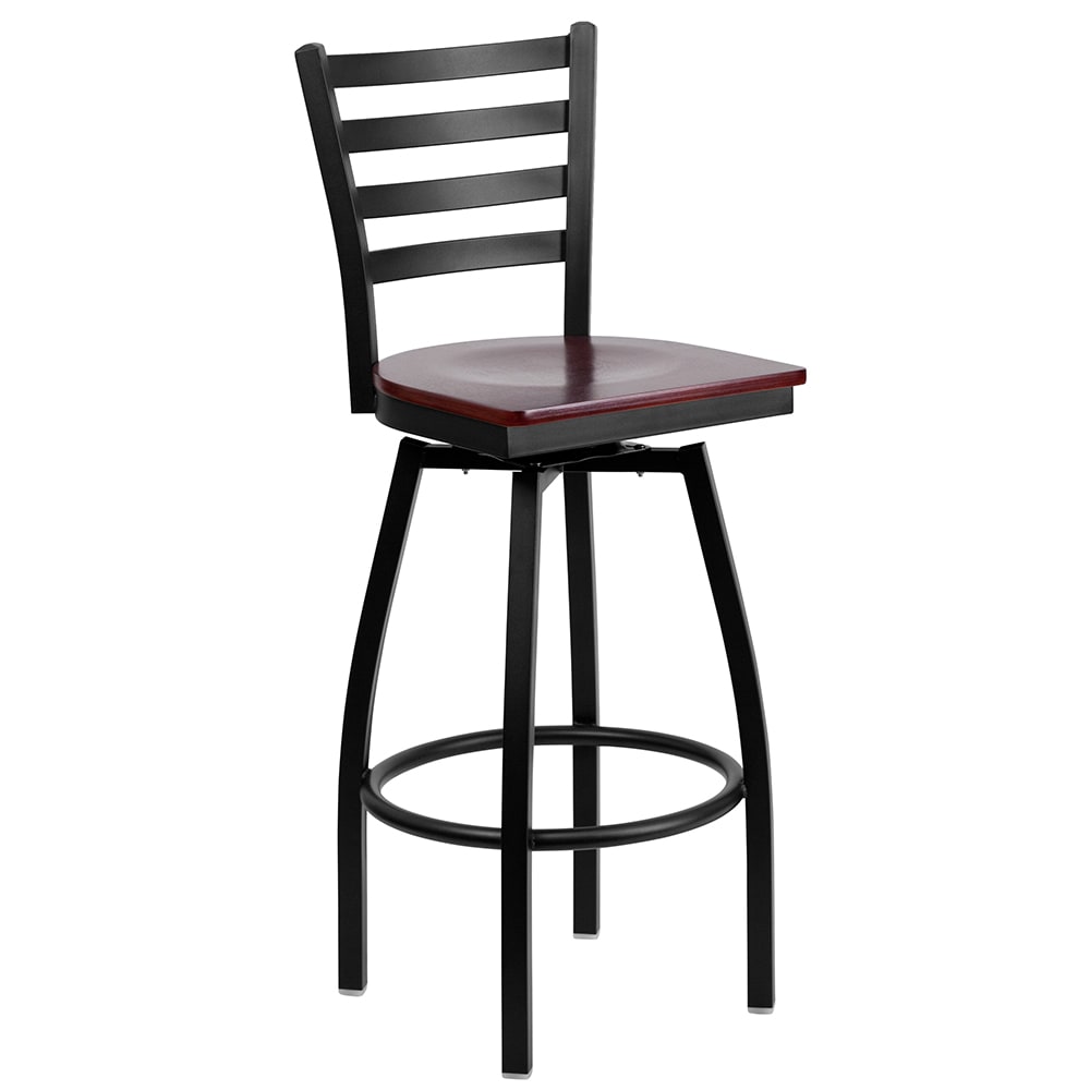 Flash Furniture XU-6F8B-LADSWVL-MAHW-GG Bar Stool w/ Ladder Back & Mahogany Wood Seat, Black