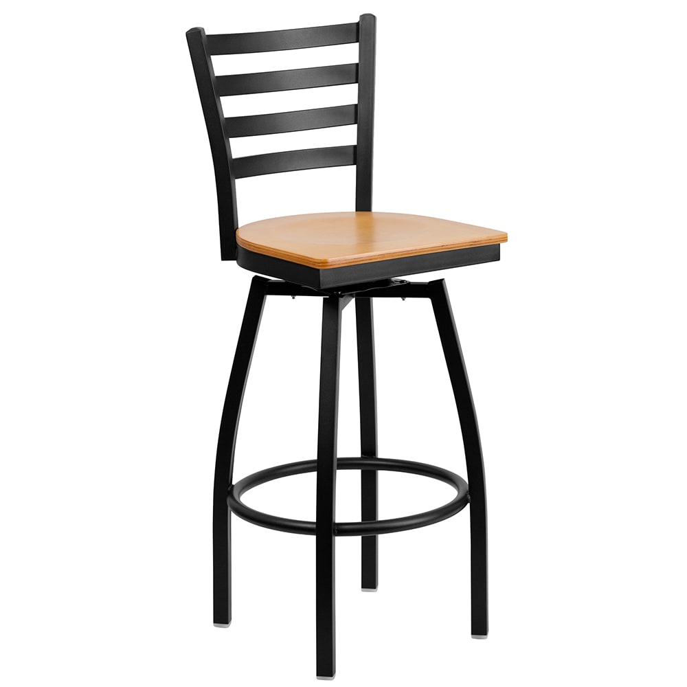 Flash Furniture XU-6F8B-LADSWVL-NATW-GG Bar Stool w/ Ladder Back & Natural Wood Seat, Black